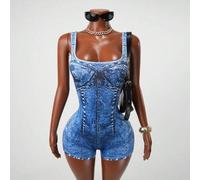 Damen enge Jumpsuit mit Denim-Effekt, ärmelloser gestrickter Jumpsuit