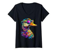 Damen Ente in Bunt Regenbogen Farben Stockente Erpel Kleine Enten T-Shirt mit V-Ausschnitt