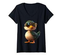 Damen Ente mit Sonnenbrille Stockente Entlein Erpel Kleine Enten T-Shirt mit V-Ausschnitt
