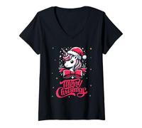 Damen Entzückende Weihnachtsmütze mit Einhorn-Weihnachtsmann-Mütze, Weihnachtsfeier, niedlich T-Shirt mit V-Ausschnitt