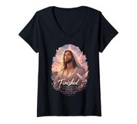 Damen Es ist vollbracht Johannes 19:30 Jesus Cross Scripture Art Faith T-Shirt mit V-Ausschnitt