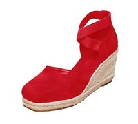 Damen Espadrilles Keilpumps mit Knöchelriemen Frauen Pumps Espadrilles Wedge Sandalen Elegant Bequem Trachtenschuhe Festliche Absatzschuhe Keilsandalen Tanzschuhe Dirndl Schuhe (Red, 36)