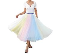 Damen-Faltenrock, Langer Tüllrock, hohe elastische Taille, Swing, lässiger Maxirock, 31 Pailletten, Leichter Regenbogen, X-Groß