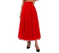 Damen-Faltenrock, Netzrock, Feenrock, mittellanger Langer Rock, Tanzrock (Red, M)