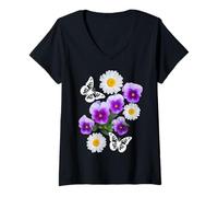 Damen Fantasy Weiße Schmetterlinge Gänseblümchen Stiefmütterchen Schwarze Formen Mania T-Shirt mit V-Ausschnitt