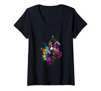 Damen Farbenfroher Polospieler auf Pferd - Fun Splash Art T-Shirt mit V-Ausschnitt
