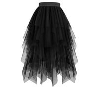 Damen Faschingskostüm Faltenrock Petticoat Unterrock Karneval Unregelmäßiges Midi Mehrschichtiger A-Linie Skater Röcke Fastnacht Vintage Frauen Tutu Tüll Retro Fasching Midikleid, Schwarz, S