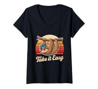 Damen Faultier Retro Sunset Chill Aesthetic T-Shirt mit V-Ausschnitt