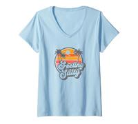 Damen Feeling Salty Funny Retro Beach Sunset Pun 70er Jahre Vintage Graph T-Shirt mit V-Ausschnitt
