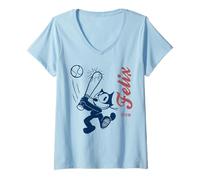 Damen Felix The Cat Home Run Baseball Americana T-Shirt mit V-Ausschnitt
