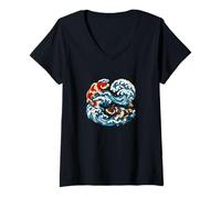 Damen Feng Shui Yin Yang inspirierter roter und schwarzer Koi-Fisch in Welle T-Shirt mit V-Ausschnitt