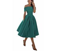Damen Festliche Elegante Abendkleid,Einschultriger Dreiviertelrock aus Satin in A-Linie,Blue Green H,US12,Knielang Abschlussball Kleid