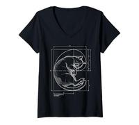 Damen Fibonacci Spirale Katze Blueprint Heilige Geometrie Mathematiklehrer T-Shirt mit V-Ausschnitt