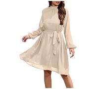 Damen Figurbetontes Kleid Christmas Dress Goldenes Kleid Chiffon Einfarbig Knielang Kleid mit Gürtel Hohe Taille Tunika Abendkleid Swing A-Linie Kleid (Beige,XL)
