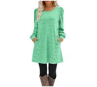 Damen Figurbetontes Kleid Silvester A Linien Sommer Einfarbig Rundhals A-Linie Kleider mit Knöpfen Kurz Tunikakleid Taschen Langarm Minikleid Gold(Cyan,M)