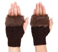 Damen Fingerlose Handschuhe mit Kunstpelz Winter Warm Armstulpen Fingerlos Fäustlinge Kurzer Gestrickte Handgelenk Handschuhe Wärmer Frauen Halbfinger Handschuhe für Hochzeits Geburtstag (Kaffee)