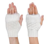 Damen Fingerlose Handschuhe mit Kunstpelz Winter Warm Armstulpen Fingerlos Fäustlinge Kurzer Gestrickte Handgelenk Handschuhe Wärmer Frauen Halbfinger Handschuhe für Hochzeits Geburtstag (Weiß)