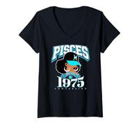Damen Fische 1975 Königin Sternzeichen Zodiac Traits Afro Diva Geburtstag T-Shirt mit V-Ausschnitt