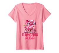 Damen Flamazing Alicia Pink Flamingo Tropical Beach Scene Damen T-Shirt mit V-Ausschnitt