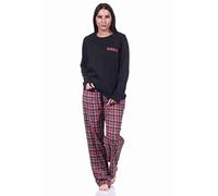 Damen Flanell Schlafanzug Pyjama Set lang mit Flanell Hose und Jersey Oberteil, Farbe:schwarz, Größe:40-42