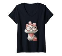 Damen Flauschiges Kätzchen, Baby-Katze, Kawaii, Mädchen, Katze, Charakter-Grafik T-Shirt mit V-Ausschnitt
