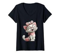Damen Flauschiges Kätzchen, Baby-Katze, Kawaii, Mädchen, Katze, Charakter-Grafik T-Shirt mit V-Ausschnitt