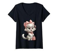 Damen Flauschiges Kätzchen, Baby-Katze, Kawaii, Mädchen, Katze, Charakter-Grafik T-Shirt mit V-Ausschnitt
