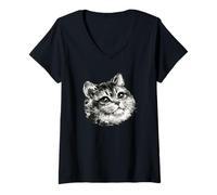 Damen Flauschiges Katzengesicht, japanischer Sumi-e-Stil T-Shirt mit V-Ausschnitt