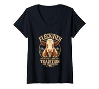 Damen Fleckvieh Rind I Rinderzucht Motiv für Rinderhalter T-Shirt mit V-Ausschnitt