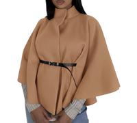 Damen Fledermausumhang mit Gürtel - Hochausgeschnittener Kragen mit Knopfleiste Cardigan Umhang Stil - Eleganter Look Outerwear ausgestellte Passform für Herbst und Winter Saison, camel, Einheitsgröße