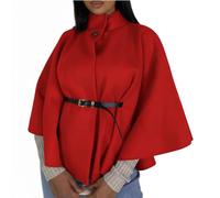 Damen Fledermausumhang mit Gürtel - Hochgeschlossener Kragen mit Knopf Cardigan Umhang Stil - Eleganter Look Outerwear ausgestellte Passform für Herbst und Winter Saison, rot, Einheitsgröße