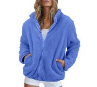 Damen-Fleece-Jacke, durchgehender Reißverschluss, keine Kapuze - Damen-Wintermantel, Übergröße, einfarbig, grobe Strickjacke mit Taschen, langärmelig, flauschiger Fleece-Mantel, Winter, warme
