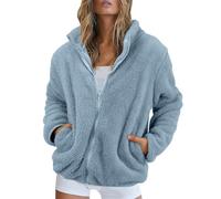 Damen-Fleece-Jacke, durchgehender Reißverschluss, keine Kapuze - Damen-Wintermantel, Übergröße, einfarbig, grobe Strickjacke mit Taschen, langärmelig, flauschiger Fleece-Mantel, Winter, warme