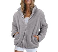 Damen-Fleece-Jacke, durchgehender Reißverschluss, keine Kapuze - Damen-Wintermantel, Übergröße, einfarbig, grobe Strickjacke mit Taschen, langärmelig, flauschiger Fleece-Mantel, Winter, warme