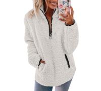 Damen-Fleecepullover, Sweatshirt, modisch, Viertelreißverschluss, Damen-Sweatshirts ohne Kapuze, Übergröße, einfarbig, Winter, warm, Fleecepullover, lässig, locker, bequem, langärmelig, weiß, XXL