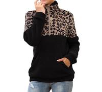 Damen-Fleecepullover, Sweatshirt, weich, bequem, übergroßes Sweatshirt, Viertelreißverschluss, lässig, lange Ärmel, Damen-Pullover, V-Ausschnitt, warm, Fleece, Leopardenmuster, Schwarz , XXL