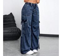 Damen Fließende Jeans mit Knopfleiste und Mehrtaschen, Lässig Alltags Mode
