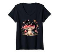 Damen Floral Black Cat Sleeping On Mushroom T-Shirt mit V-Ausschnitt