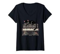 Damen Floral Black Cat Sleeping On Piano T-Shirt mit V-Ausschnitt
