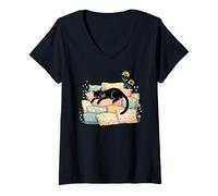 Damen Floral Black Cat Sleeping On Pillows T-Shirt mit V-Ausschnitt