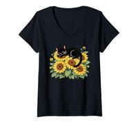 Damen Floral Black Cat Sleeping On Sunflowers Flower T-Shirt mit V-Ausschnitt