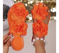 Damen Floral Dekor Zehentrenner Sandalen, elegant, modisch, bohemisch, lässig, sexy, PU Leder Applikation Flache Sandalen für Strand, Hochzeit, Urlaub