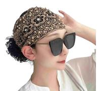 Damen Floral Lace Pearl Headwrap - Vintage Breites Make-up Stirnband Pailletten Dehnbar Turban Kopftuch Anti-Rutsch Haarschmuck Handgemachte Häkelstrick Boho Blume Haarbänder (Braun)