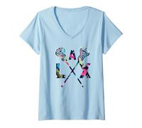 Damen Floral Lacrosse Gekreuzte Sticks LAX Girly Teal Pink Head Girl T-Shirt mit V-Ausschnitt