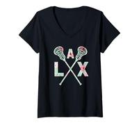Damen Floral Lacrosse Gekreuzte Sticks LAX Girly Teal Pink Head Girl T-Shirt mit V-Ausschnitt