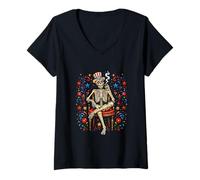 Damen Floral Skeleton Smoking 4th July US Flag Smoker Patriotic T-Shirt mit V-Ausschnitt