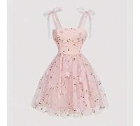 Damen Florales besticktes Spaghettiträger transparentes Mini-Kleid Kawaii Kleid Fairycore Kleid, Ausgehoutfit, Vintage, Retro, Valentinstag, Blumenkle