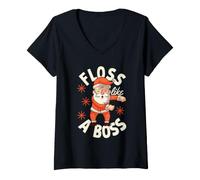 Damen Floss Like A Boss Lustiges Weihnachtszahnseide mit Weihnachtsmann-Motiv T-Shirt mit V-Ausschnitt