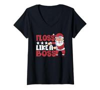 Damen Floss Like A Boss Lustiges Weihnachtszahnseide mit Weihnachtsmann-Motiv T-Shirt mit V-Ausschnitt