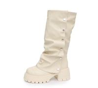Damen Fold-Over Shark Boots Kniehoch Weitschaft Biker Stil Plateausohle | Elegante Winterschuhe mit praktischen Seitentaschen robuster dicker Sohle vielseitig kombinierbar zu Röcken und Jeans